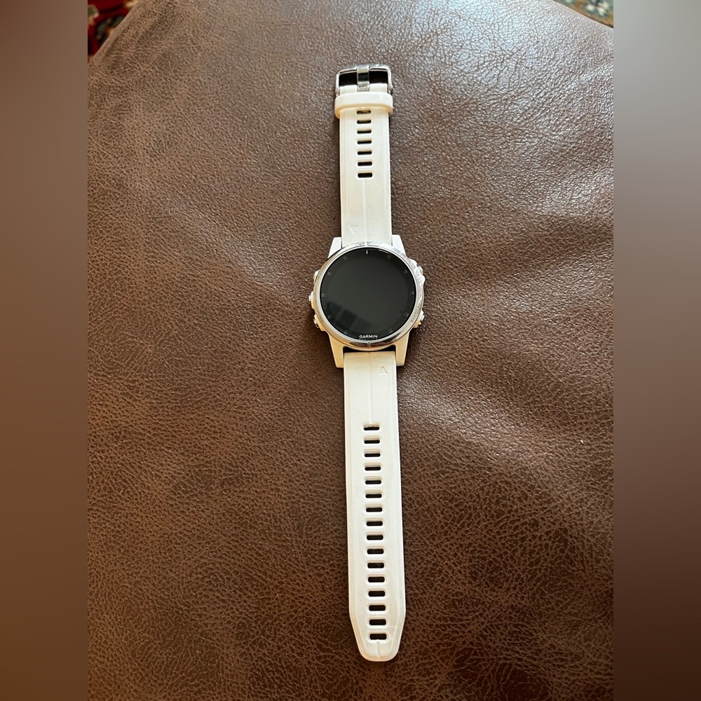 Garmin Fenix 5s plus sapphire edition, heart rate monitor, and charger.